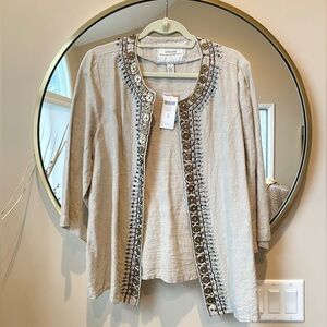 NWT CHICOS TOP DUSTER EMBELLISHED COIN 3/4 SLV
DAVENPORT TAN